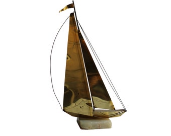 Brass Sailboat Sculpture Marble Base Mario Jason Signed 2 Sail Tall Crafted Vintage 1970s