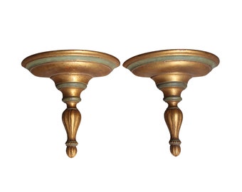 Gold  Gilt Wall Bracket Vintage Italy Sconce Shelf Pair Traditional Set Of 2 Round Edge Wood Italian