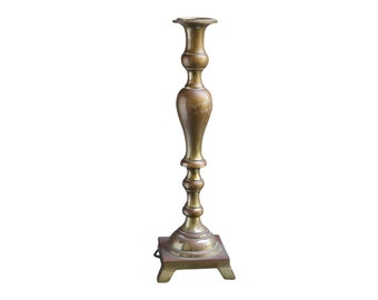 Brass Candlestick Tall Distressed Weathered Vintage Traditional Solid Brass Patchy Worn Finish Murder Mystery Party