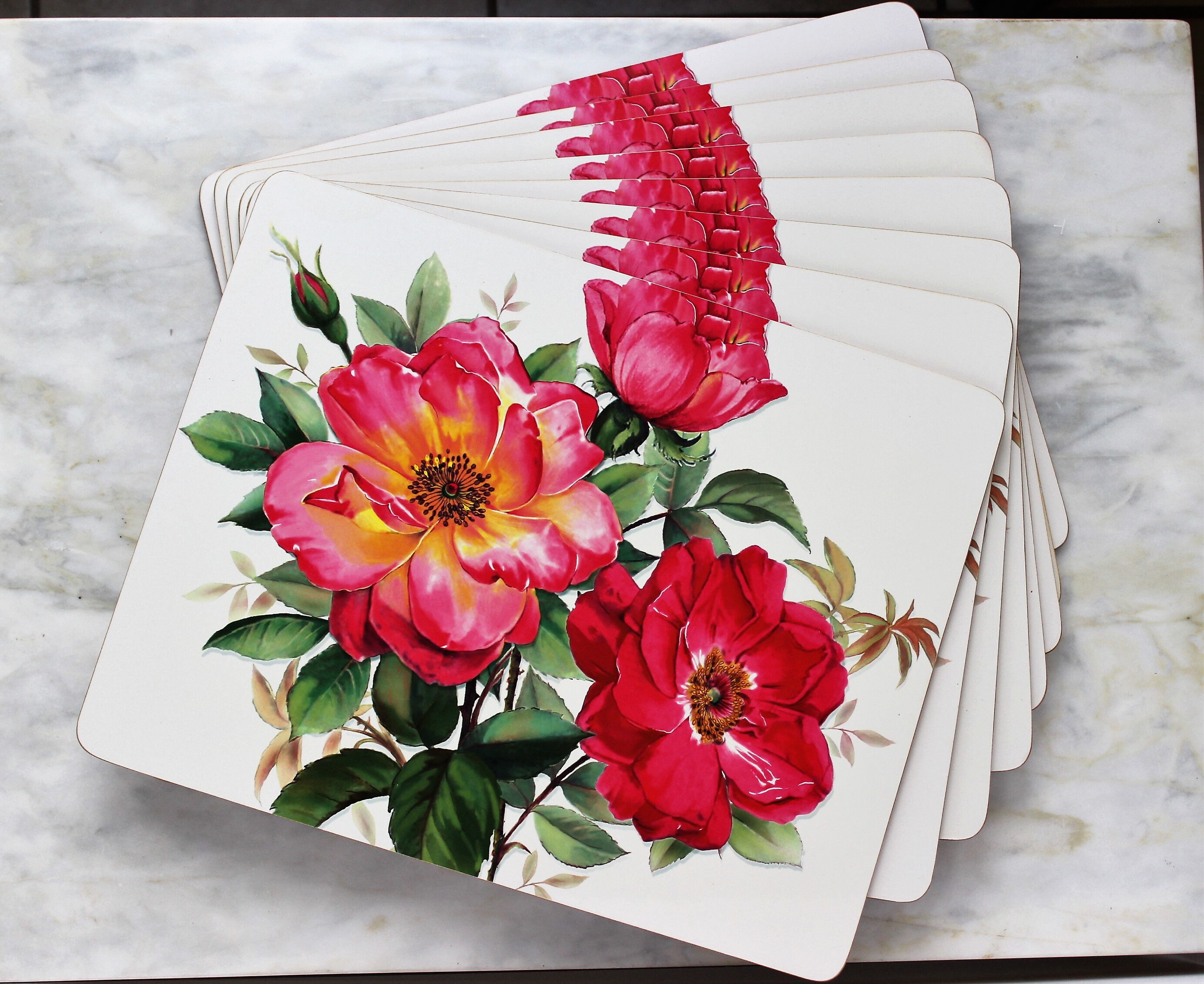 Placemats Pink Floral Hard Cork Backing Set of 8 Red Roses Etsy