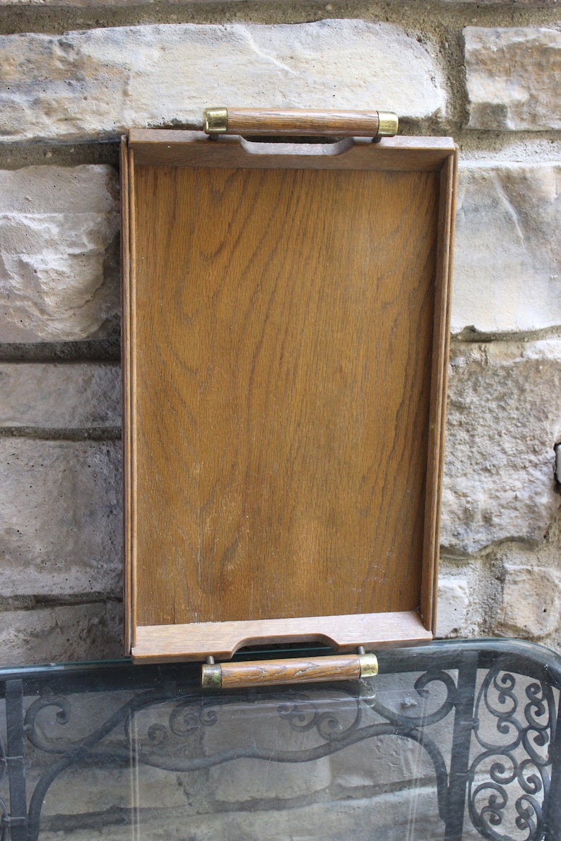 MCM Teak Wood Tray Handles Bar Serving Brass Vintage 1960s 60s image 4