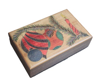 Carved Wood Box Hand Painted Christmas Theme Holiday Decorations Hinged Crafted Artisan Vintage Hostess Gift