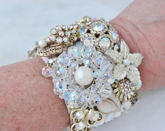 Vintage Rhinestone Crystal Cuff Bracelet: Upcycled Floral Wedding Jewelry
