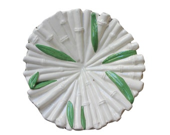 Bamboo Round Catchall Dish Vintage White Green Leaves Asian Ceramic