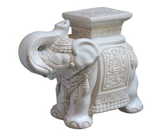 White Happy Lucky Elephant with Trunk Up Plant Stand or Side Table Vintage