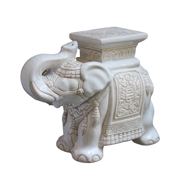 White Happy Lucky Elephant with Trunk Up Plant Stand or Side Table Vintage