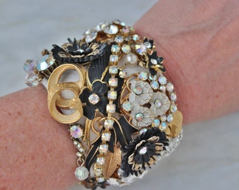 Upcycled Vintage Jewelry Cuff Bracelet: Cream Black Floral Rhinestone Wedding