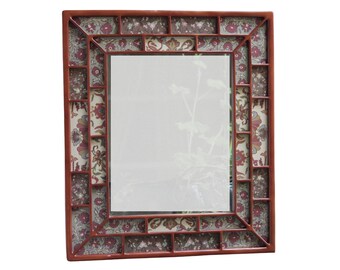 Beveled Decorative Mirror Red Frame Floral Flowers Gridded Frame Vintage