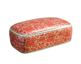 Red Floral Paper Mache Lacquer Lidded Box Vintage Rectangular Kashmir India