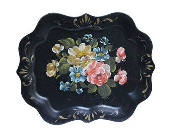 Handpainted Floral Flower Black Tray Vintage Scalloped Edge Nashco Style Blue Orange Yellow Minor Issue