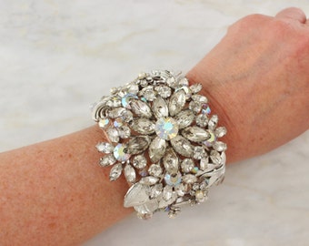 Upcycled Rhinestone Cuff Bracelet: Vintage Floral Wedding Jewelry