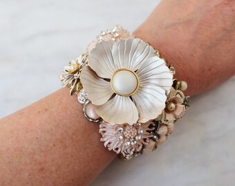 Blush Pink Floral Cuff Bracelet: Upcycled Vintage Rhinestone Wedding Jewelry