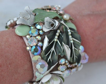 Upcycled Vintage Rhinestone Cuff Bracelet: Floral Wedding Statement Jewelry