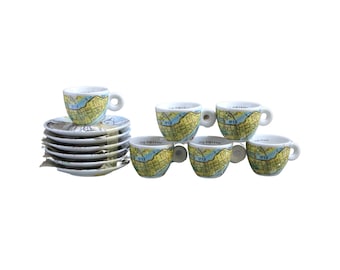 Illy  Manhattan Mexico City Maps Collection Robert Rauschenberg World Espresso Cups and saucers, 1990's limited edition Vintage Set Of 6