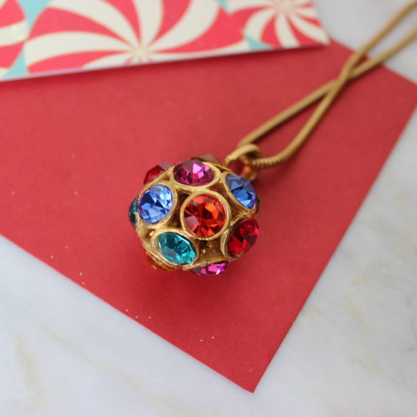 60s Colorful Pendant Necklace Rhinestone Ball 3D