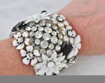 Upcycled Vintage Floral Cuff Bracelet: Black White Enamel Wedding Jewelry