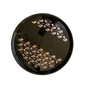 Black Lacquer Tray Floral Purple Gold Round Vintage