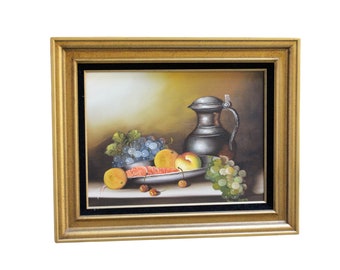 Still Life Original Oil Painting Pewter Grapes Oranges Shellfish Gold Black Framed MCM Vintage