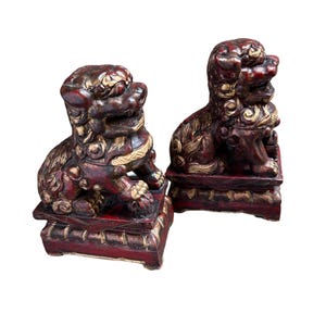 Foo Dogs Vintage Deep Red Wood Gold Trim Male Female Set Of 2