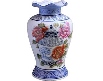 Chinoiserie Floral Vase Blue White Pink Red Orange Vintage Toyo Palm Beach Preppie