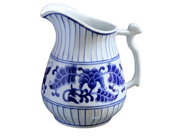 Blue White Stripe Floral Porcelain Pitcher Chinoiserie Seymour Mann Vintage