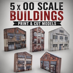 Puede incluir: Cinco modelos de edificios a escala OO. Los edificios son de ladrillo y metal, con texturas envejecidas y ventanas detalladas. El texto en la parte superior dice "5 x OO SCALE BUILDINGS" y "PRINT & CUT MODELS".