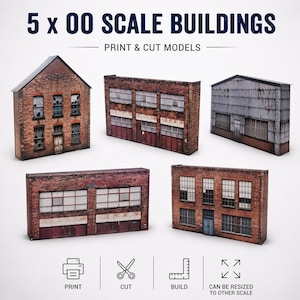 May include: Five 00 scale building models with a brick facade. The models include various building styles, such as warehouses and factories. The text on the image says "Print & Cut Models". The image also includes icons for printing, cutting, building, and resizing.