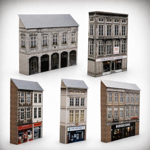 May include: A collection of five miniature building facades featuring detailed architectural prints. The structures include a multi-story office, a newsagent, a fish and chips shop, a pharmacy, and a Burger King, all with realistic window designs.