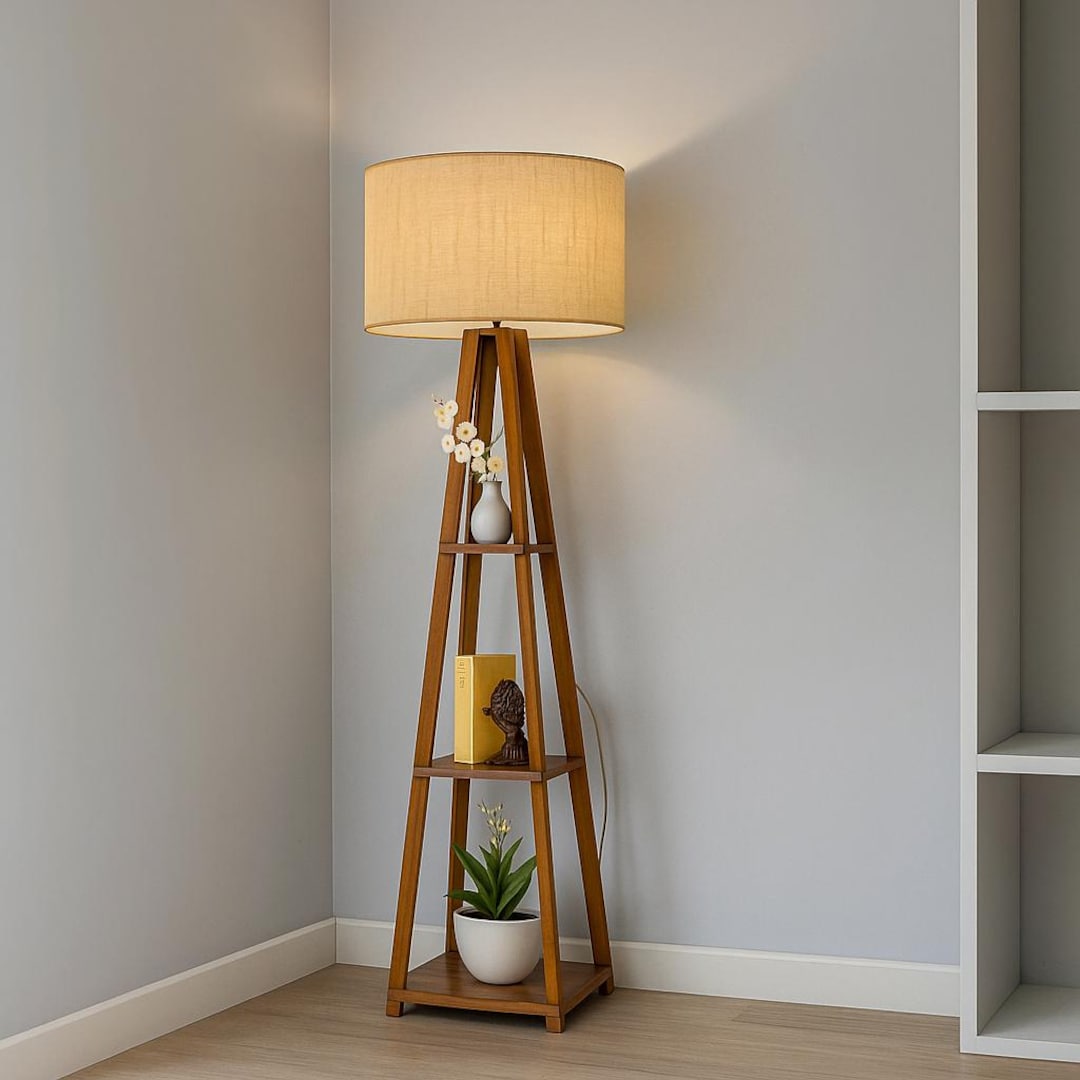 Tripod Floor Lamp: Wooden Base, Built-in Shelves (multicolor Shade