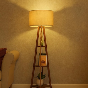 Mid Century Modern Wooden Tripod Floor Lamp with Shelves - Indian Handcrafted