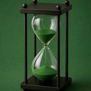 May include: An hourglass with a black metal frame and clear glass bulbs. The sand inside is green. The hourglass is set against a green background. The design is simple and elegant.