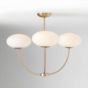 Mid Century Modern 3-Light Chandelier with Milk Glass Globes – Adjustable Height Champagne Bronze Pendant Light