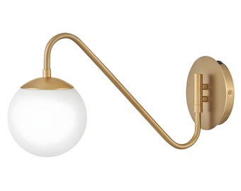Modern Brass Swing Arm Wall Sconce – Mid-Century Opal Glass Light Sputnik Light Fixture