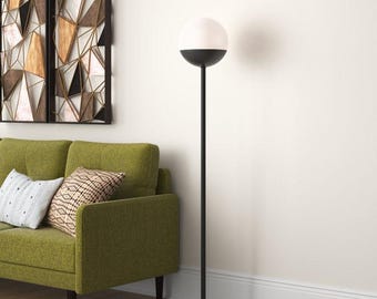 Mid-Century Modern Globe Floor Lamp: Marble Base, Milk Glass Shade