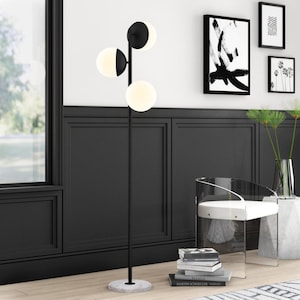 Mid-Century Modern Globe Floor Lamp: Black Metal with Marble Base