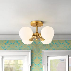 Italian Modern Brass Globe Flush Mount Ceiling Light – 4-Light Opal Glass Mid-Century Fixture