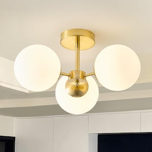 Mid Century 3 Light White Globe Glass Semi Flush Mount Italian Modern Semi Flush Ceiling Lamp