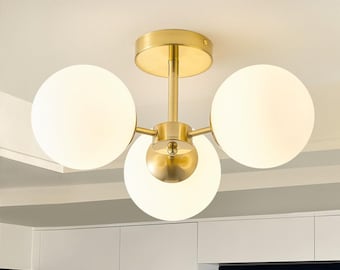 Mid Century Vit Globe Mässing Semi Infälld Taklampa