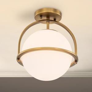 Mid-Century Modern Messing Globe Deckenleuchte - Opalglas Semi Flush Mount