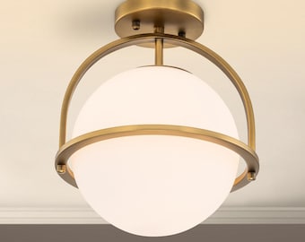 Mid Century Modern Brass Globe Ceiling Light, Opal Glass Flush Mount, Italian Ceiling Light, Gold Semi Flush Mount Fixture, Modern Lighting