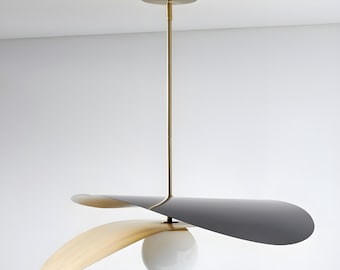 Mid Century Modern Art Deco Pendant Light Dual-Tone Blades & Globe Shade | Statement Ceiling Fixture