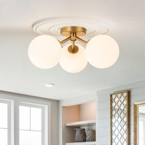 Modern Brass Globe Ceiling Light Fixture – 3 Light Semi-Flush Mount with Frosted Glass Globes – Mid-Century Modern Flush Light