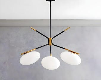 Italian Modern Sputnik Chandelier: Brass & White Glass 3-Light Ceiling Fixture