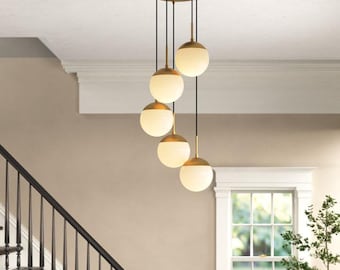 Modern Gold Globe Chandelier: 5-Light Cluster Pendant, Frosted Glass
