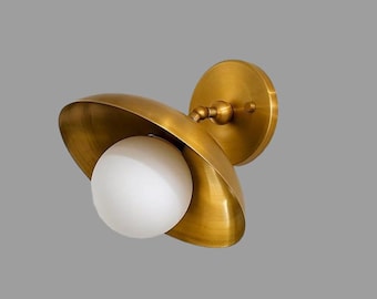 Mid Century Modern Brass Wall Sconce with Opal Glass Globe, Italian Brass Wall Light, Minimalist Bedside Lamp