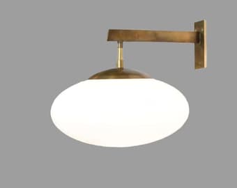 Mid Century Brass Wall Sconce with Opal Glass Globe, Italian Modern Brass Wall Light, Minimalist Bedside Lamp