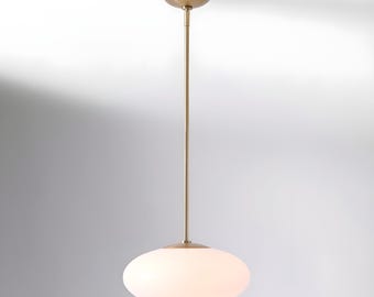 Mid-Century Opal Glass Globe Pendant Light – Adjustable Brass Rod Hanging Ceiling Fixture