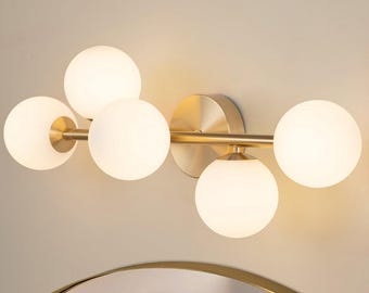 Mid Century Modern 5 Globe Vanity Light, Brass Bathroom Wall Light, Gold Vanity Lighting, Italian Wall Fixture, Modern Bathroom Light