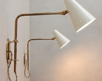 Mid Century Modern Adjustable Brass Wall Sconce White Cone Shade Italian Stilnovo Style Wall Lamp for Bedroom or Reading Nook