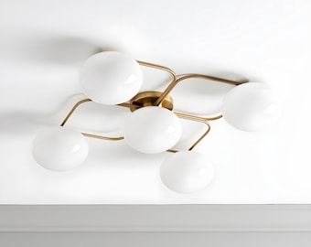 Brass Opal Glass 5-Light Flush Mount, Mid-Century Modern Ceiling Light